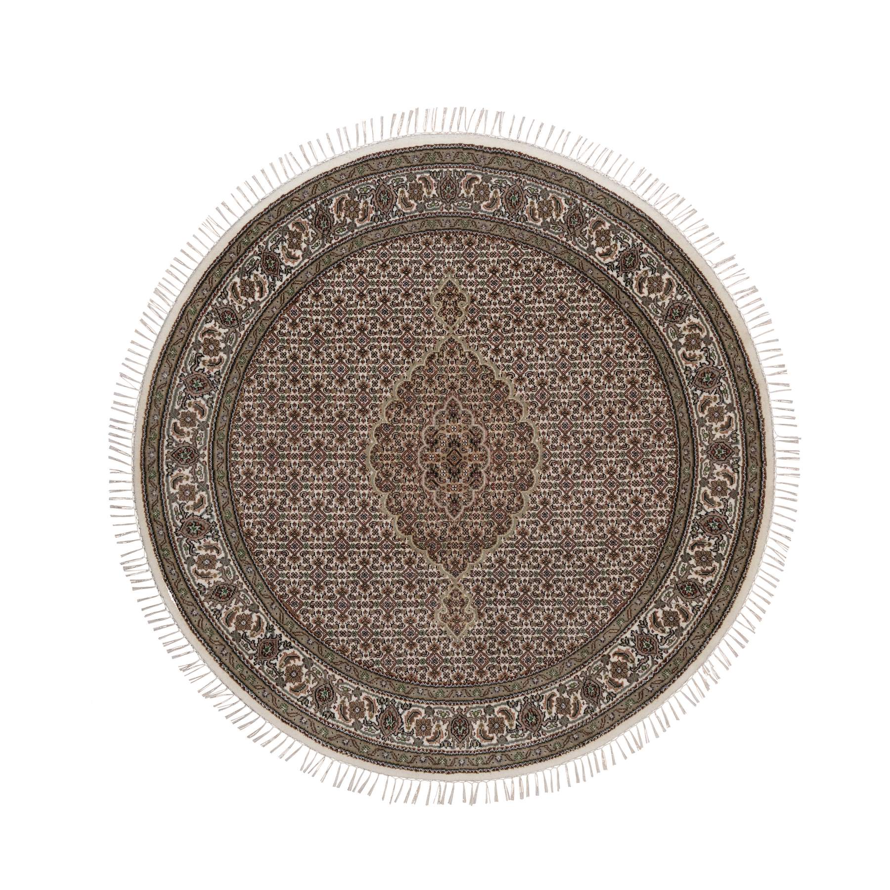 Pearl White, Tabriz Mahi with Fish Medallion Design, Hand Knotted, 100% Wool, 175 KPSI, Round, Oriental Rug